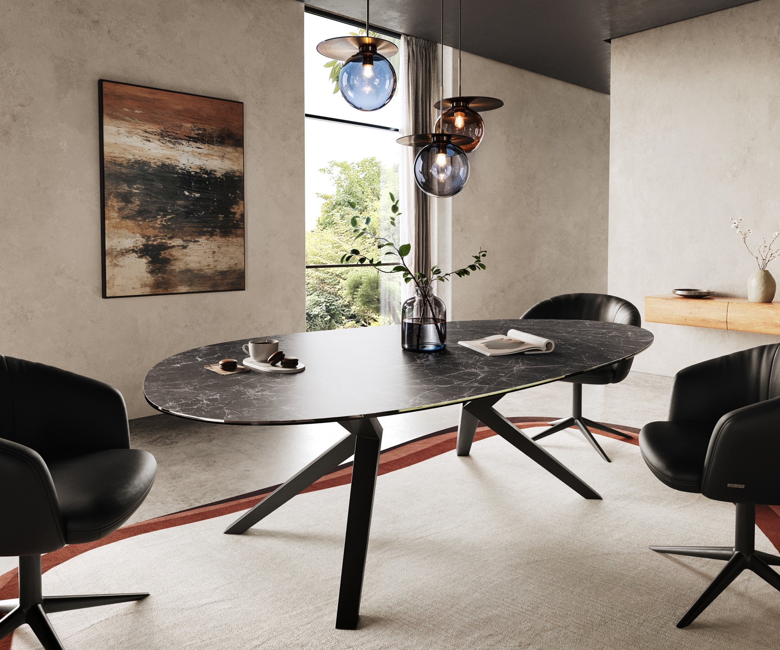 DELIFE Esstisch Edge Oval 220x120 Keramik Laminam Nero Greco Anthrazit Zenthara kantig Metall Schwarz