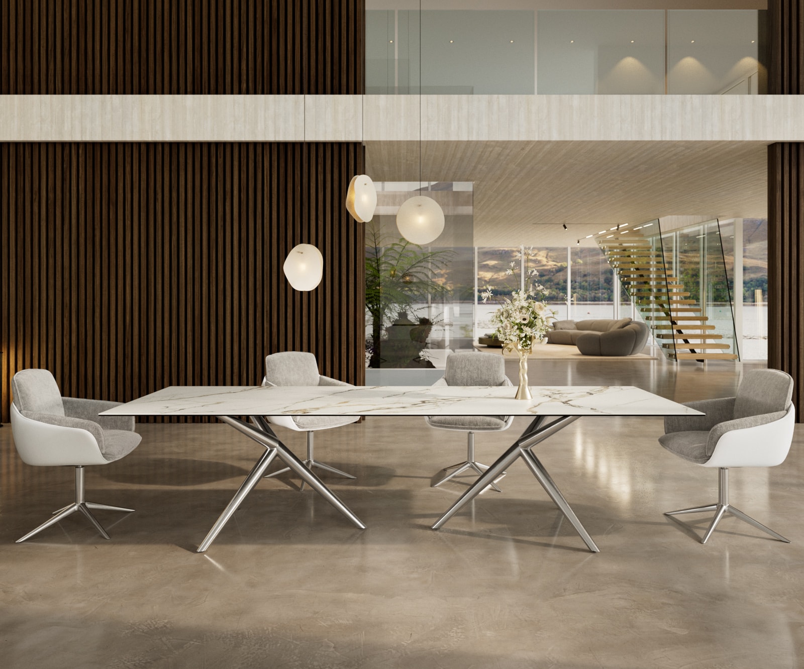 DELIFE Esstisch Edge 300x100 Keramik Calacatta Luxe Weiß-Gold-Grau Estelar rund Edelstahl