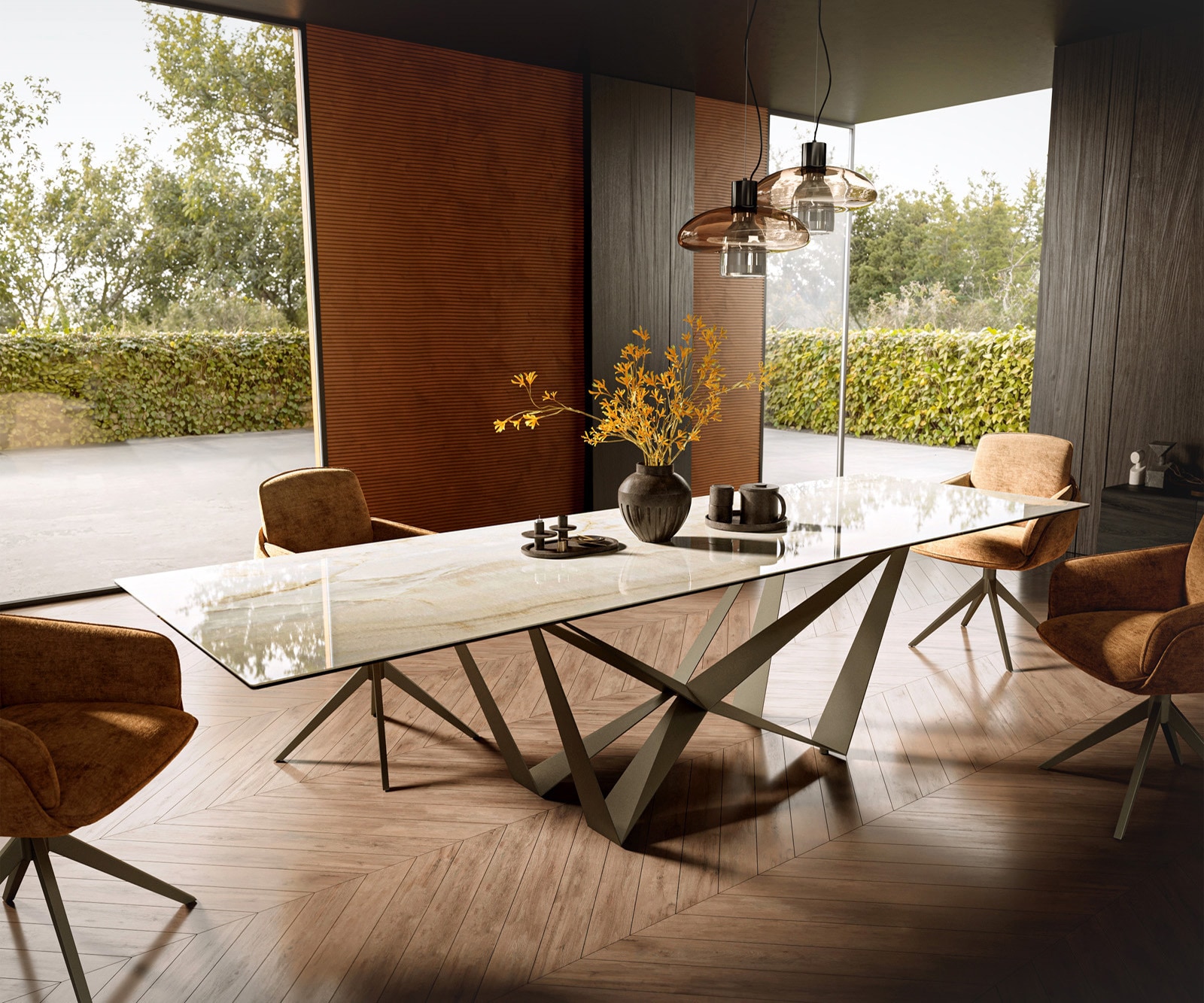 DELIFE Esstisch Edge 300x100 Keramik Laminam Onice Oro ℃Spider Metall Effektfinish Titan