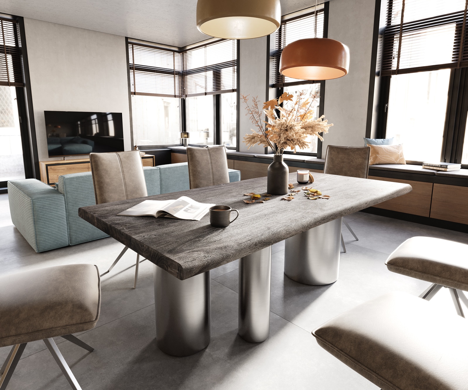DELIFE Esstisch Edge 200x100 XL Akazie Platin Troa Edelstahl gebürstet Live-Edge