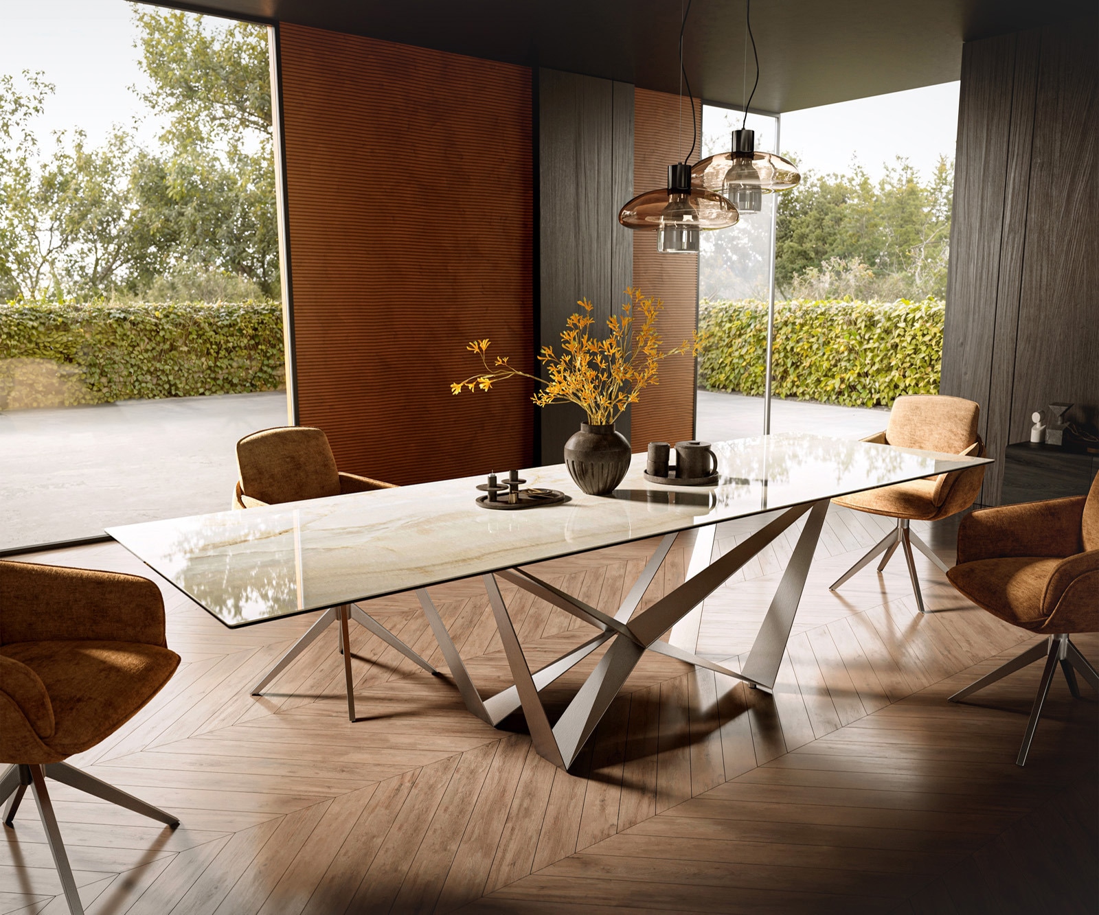 DELIFE Esstisch Edge 300x100 Keramik Laminam Onice Oro ℃Spider Flachstahl Edelstahl