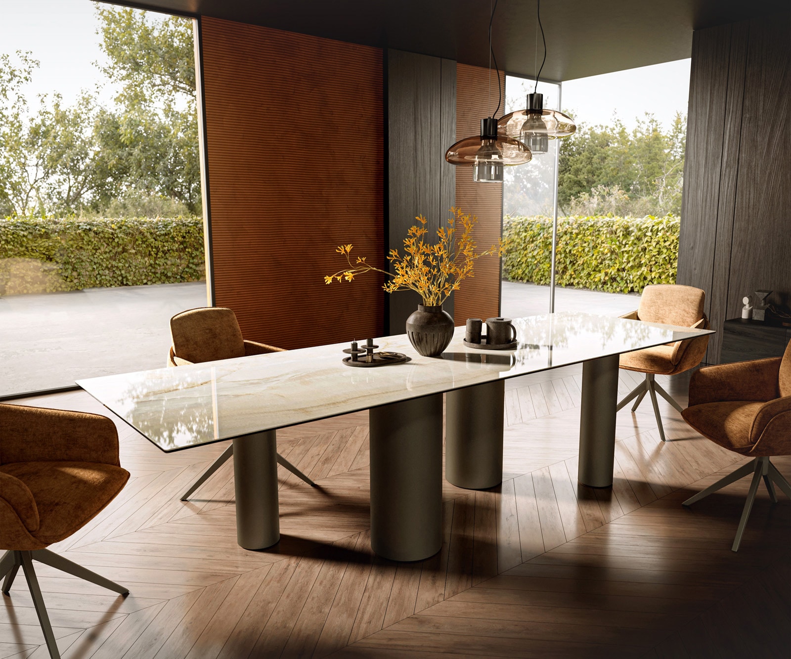 DELIFE Esstisch Edge 300x100 Keramik Laminam Onice Oro ℃Pilier Metall Effektfinish Titan