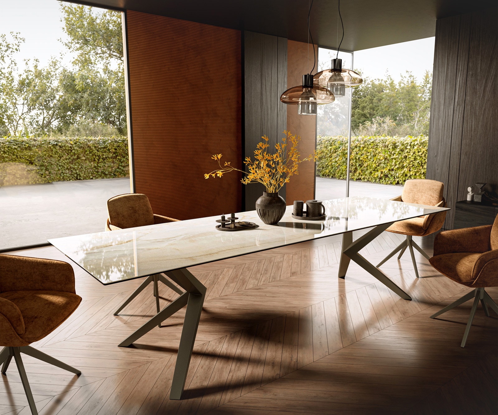 DELIFE Esstisch Edge 300x100 Keramik Laminam Onice Oro ℃Zenthara kantig Metall Effektfinish Titan
