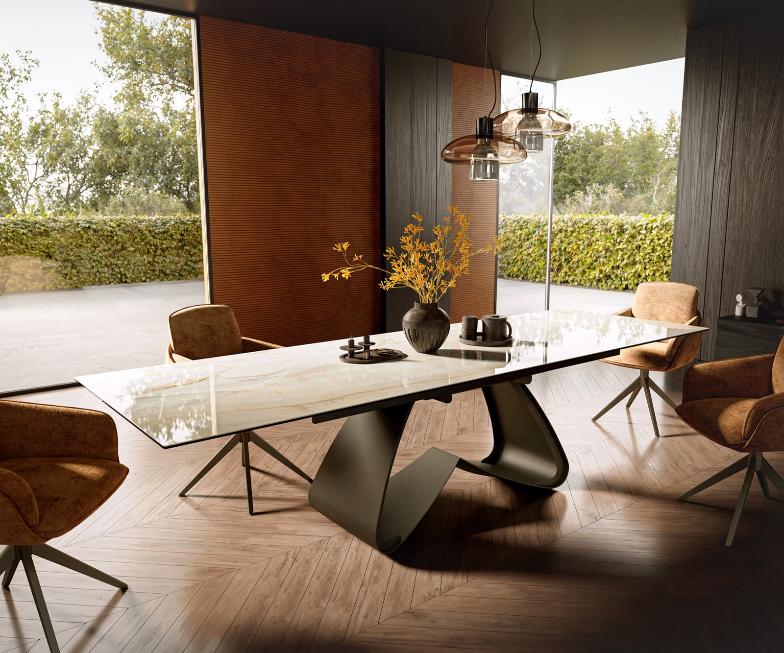 DELIFE Esstisch Edge 200-300x100 Keramik Laminam Onice Oro W-Gestell Effektfinish Titan ausziehbar