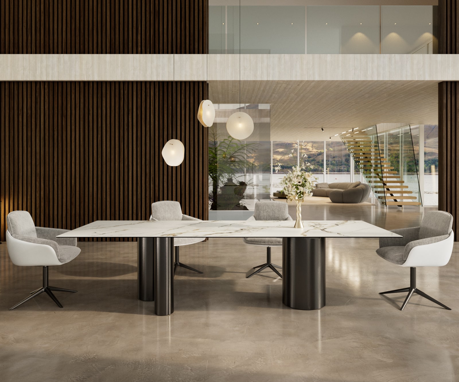 DELIFE Esstisch Edge 300x100 Keramik Calacatta Luxe Weiß-Gold-Grau Troa Edelstahl Graphit