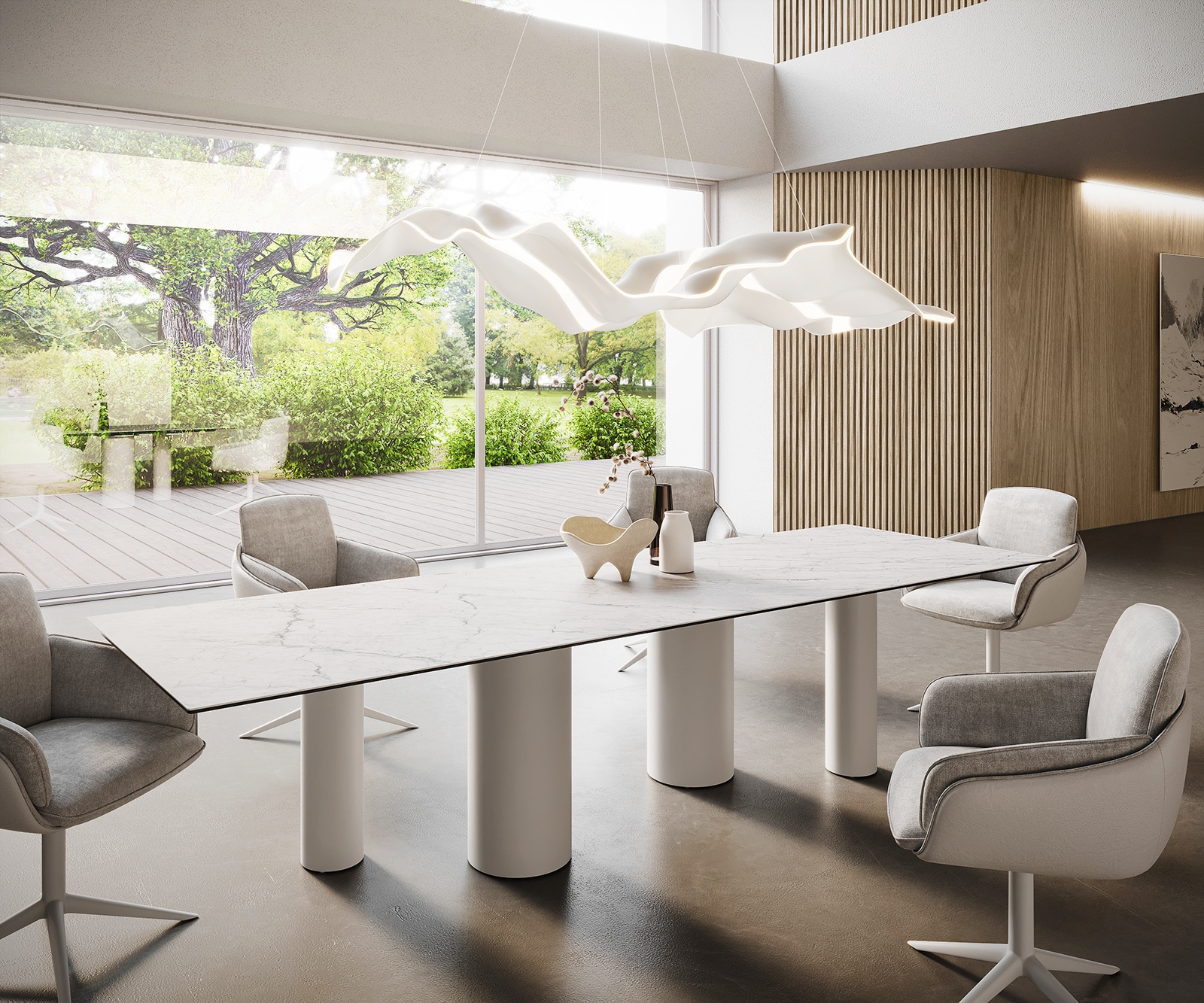DELIFE Esstisch Edge 300x100 Keramik LaminamStatuarietto Weiß Pilier Metall Weiß