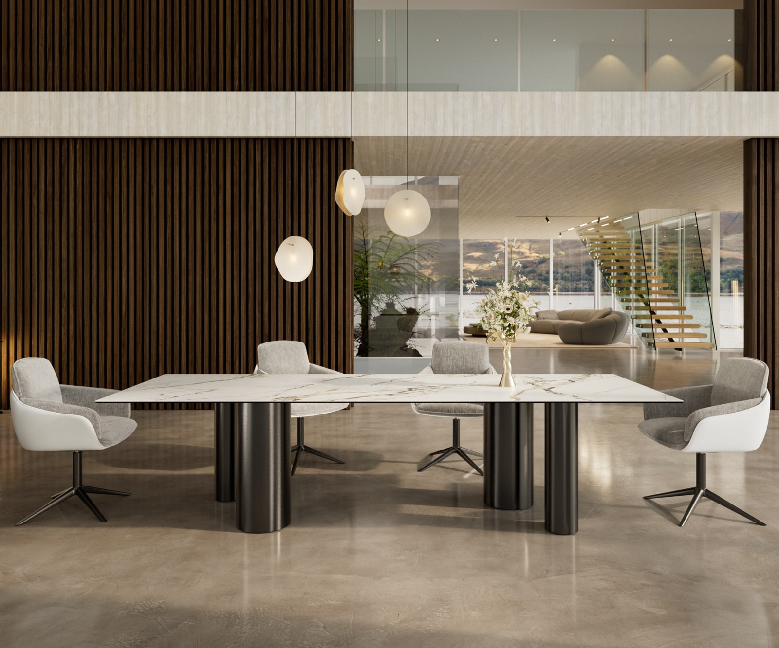DELIFE Esstisch Edge 300x100 Keramik Calacatta Luxe Weiß-Gold-Grau Pilier Edelstahl Graphit
