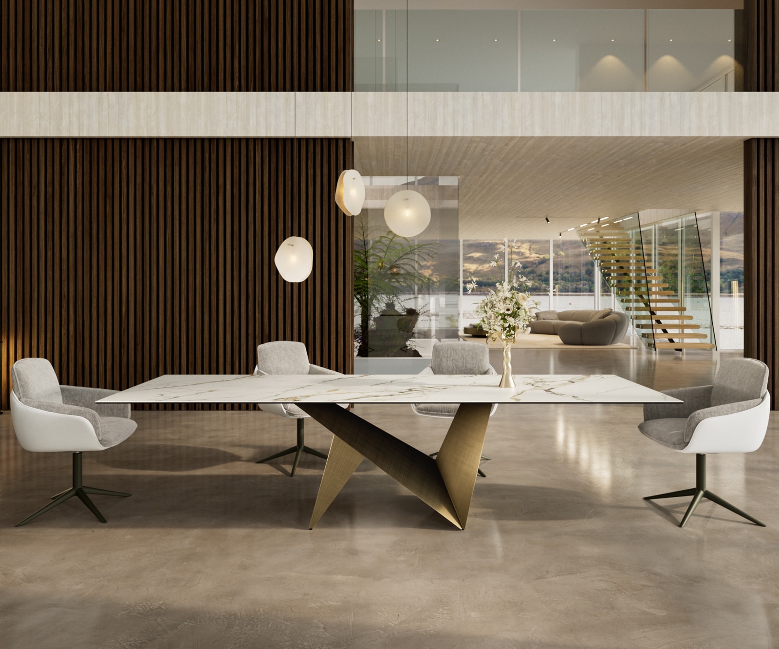 DELIFE Esstisch Edge 300x100 Keramik Calacatta Luxe Weiß-Gold-Grau Origami Metallic Gold