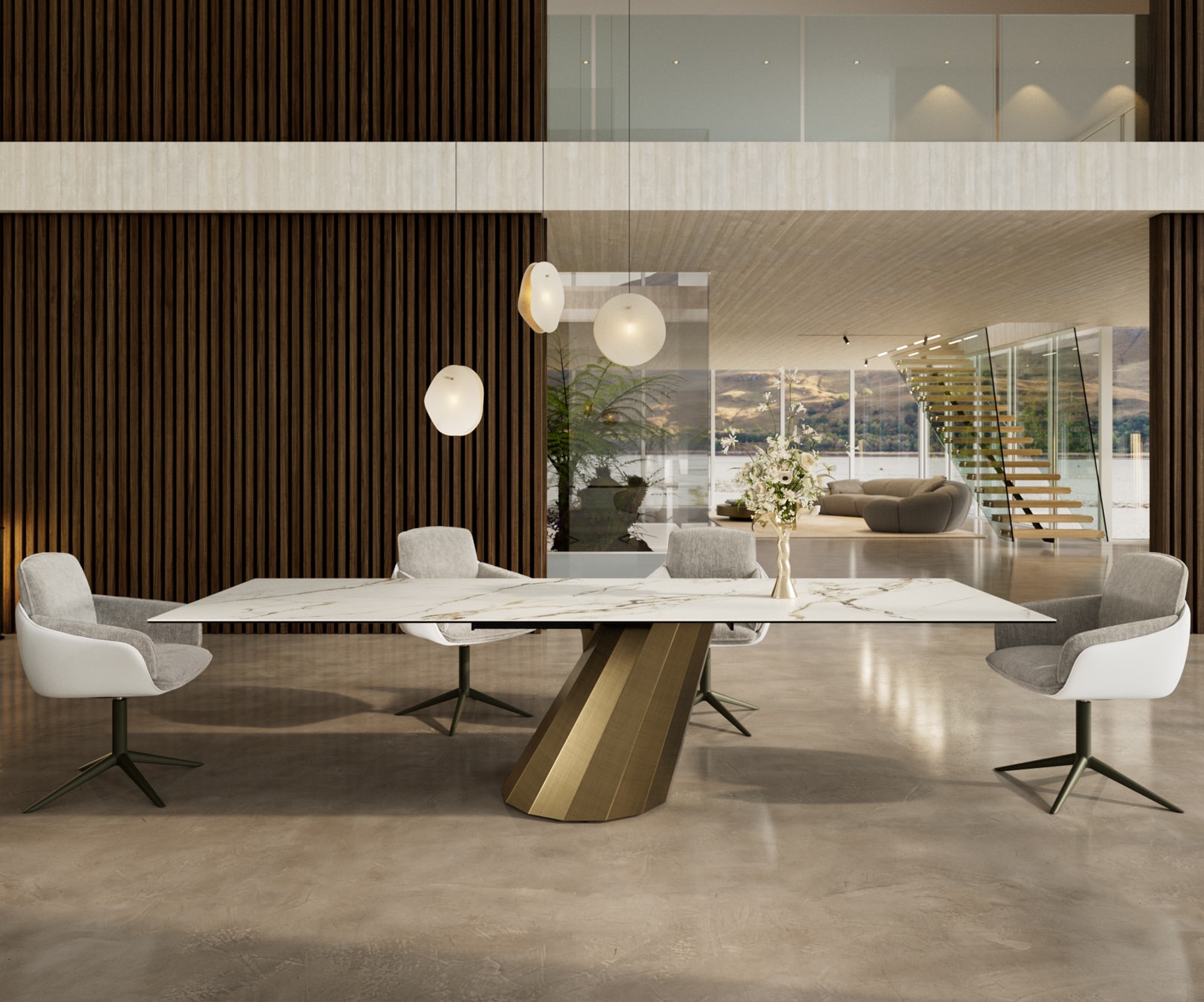 DELIFE Esstisch Edge 300x100 Keramik Calacatta Luxe Weiß-Gold-Grau Parabel Metallic Gold