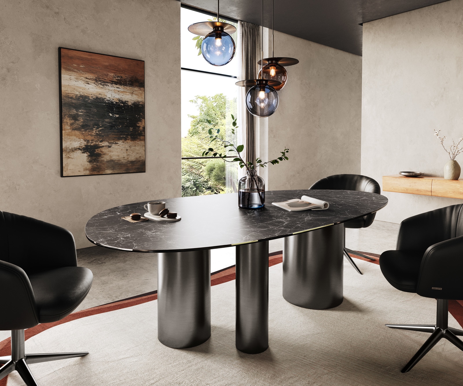 DELIFE Esstisch Edge Oval 220x120 Keramik Laminam Nero Greco Anthrazit Troa Edelstahl Graphit