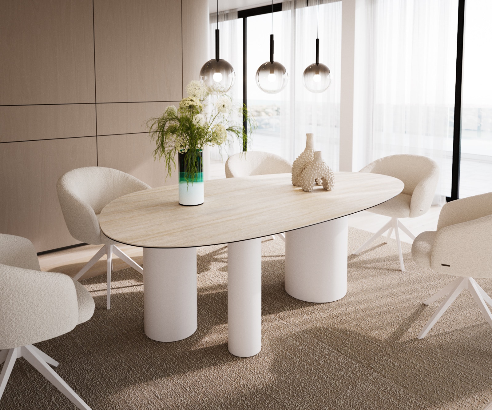 DELIFE Esstisch Edge Oval 220x120 Keramik Laminam Travertino Bianco Creme-Weiß Troa Metall Weiß