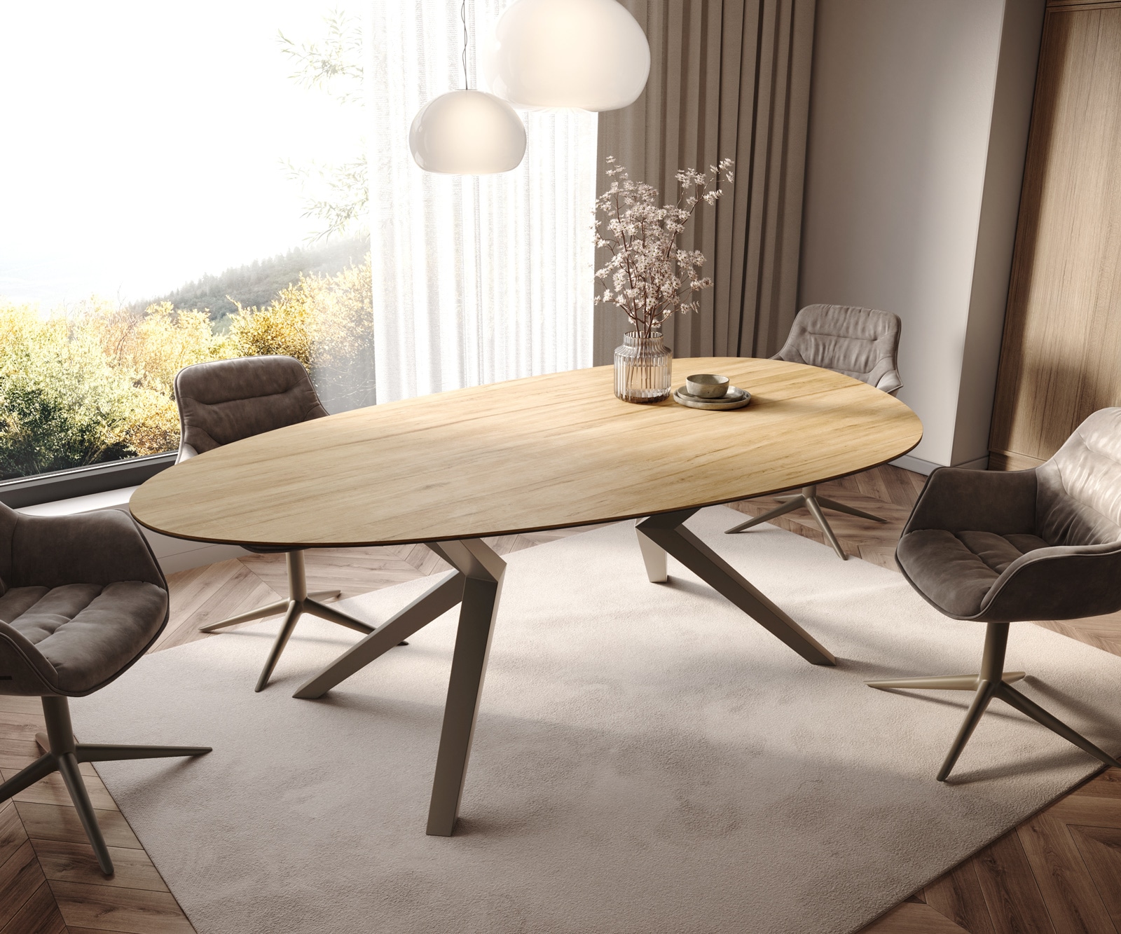 DELIFE Esstisch Edge Oval 220x120 Keramik Laminam Sabbia Eichefarbig Zenthara kantig Metall Effektfinish Titan