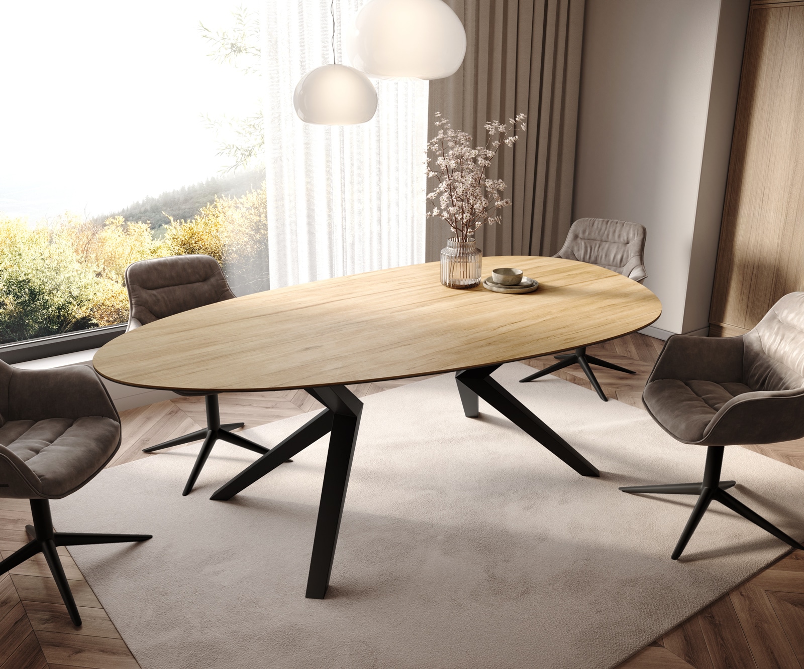 DELIFE Esstisch Edge Oval 220x120 Keramik Laminam Sabbia Eichefarbig Zenthara kantig Metall Schwarz