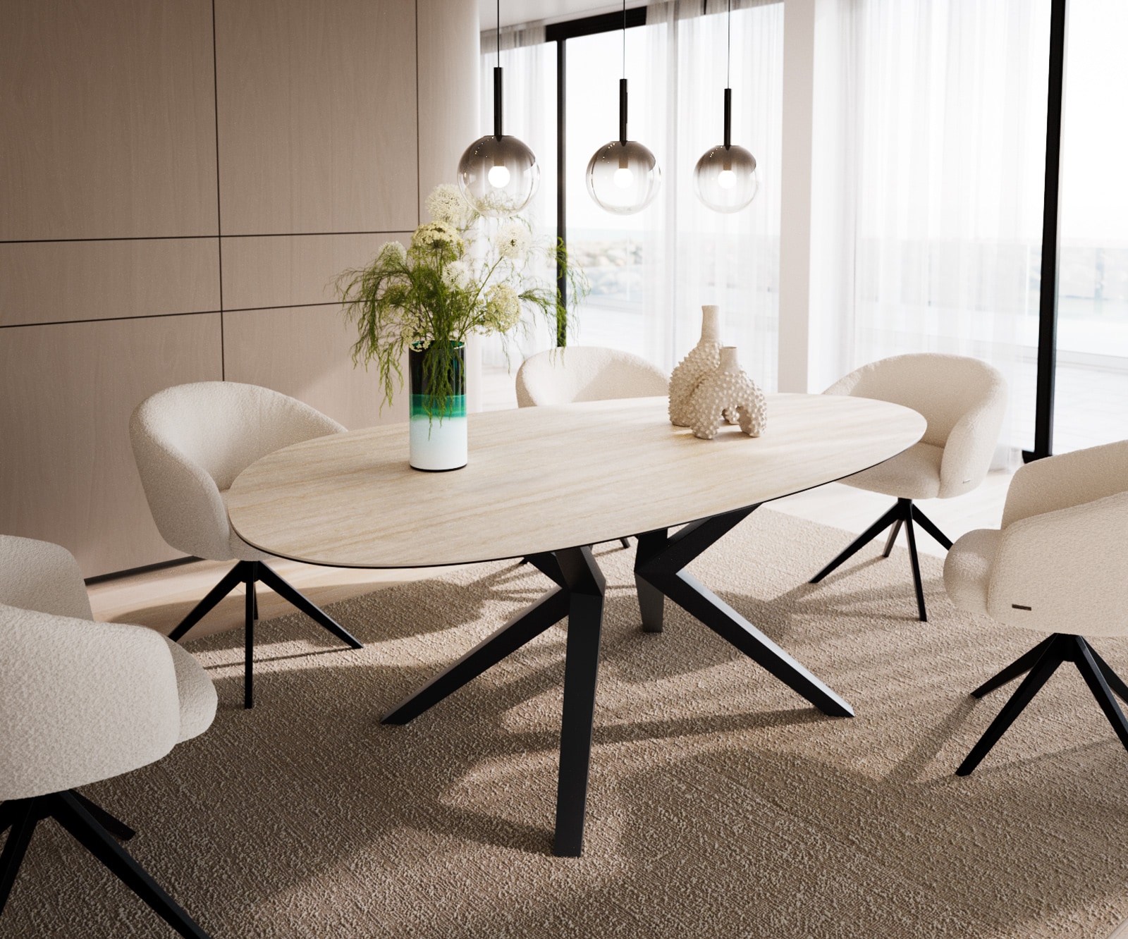 DELIFE Esstisch Edge Oval 220x120 Keramik LaminamTravertino Bianco Creme-Weiß℃ Zenthara kantig Metall Schwarz