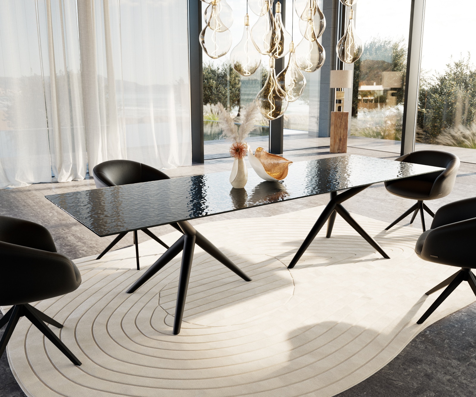 DELIFE Esstisch Edge 300x100 Reliefglas Rauchschwarz 3D-Design Estelar rund Metall Schwarz