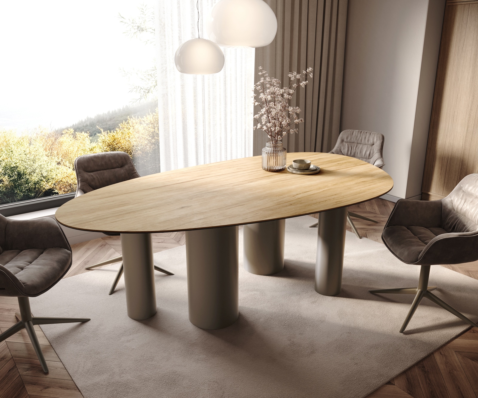 DELIFE Esstisch Edge Oval 220x120 Keramik Laminam Sabbia Eichefarbig Pilier Metall Effektfinish Titan