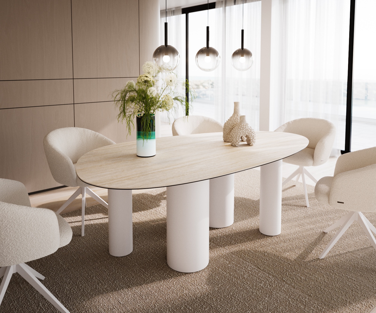 DELIFE Esstisch Edge Oval 220x120 Keramik LaminamTravertino Bianco Creme-Weiß ℃Pilier Metall Weiß
