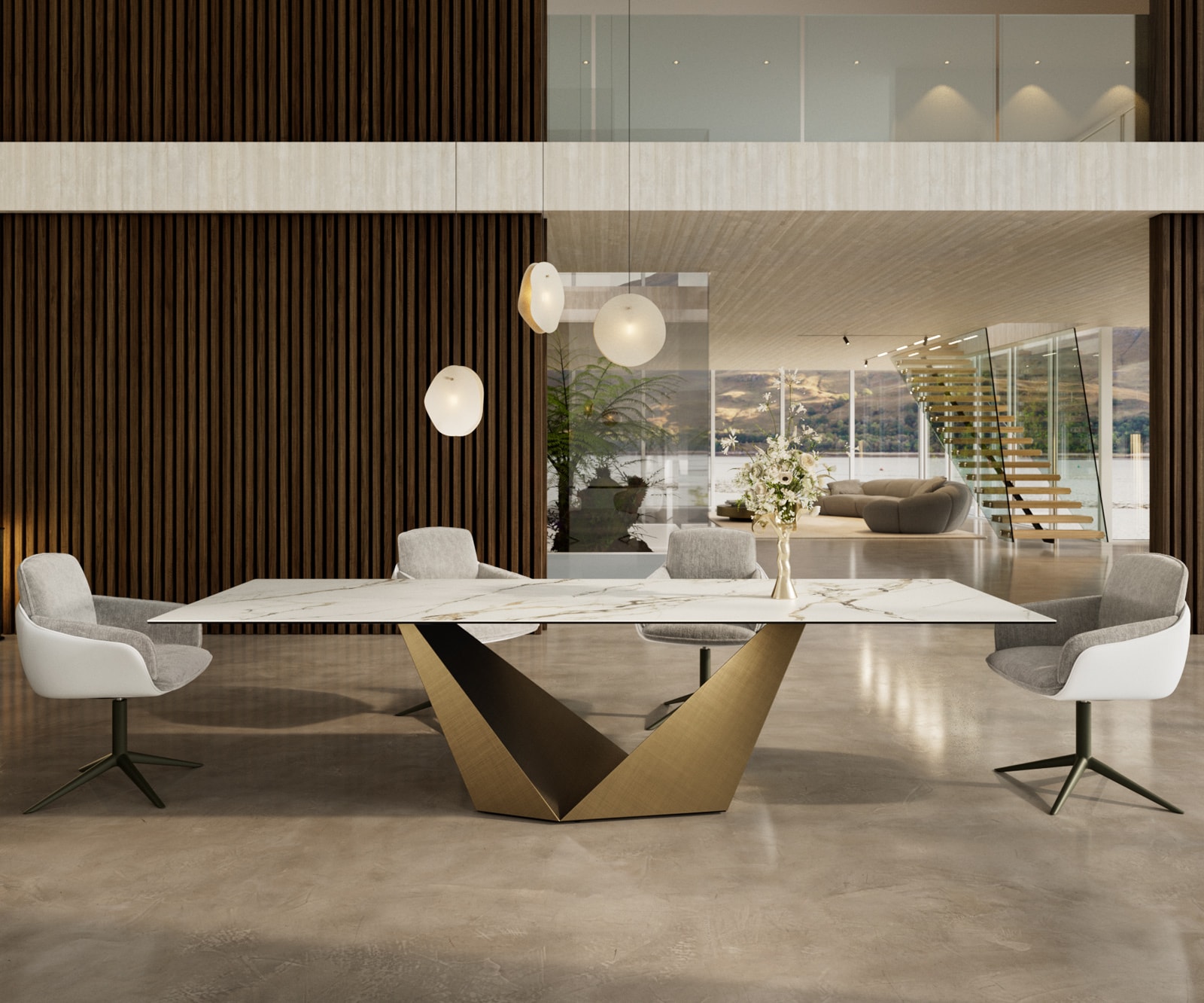 DELIFE Esstisch Edge 300x100 Keramik Calacatta Luxe Weiß-Gold-Grau Prisma Metallic Gold