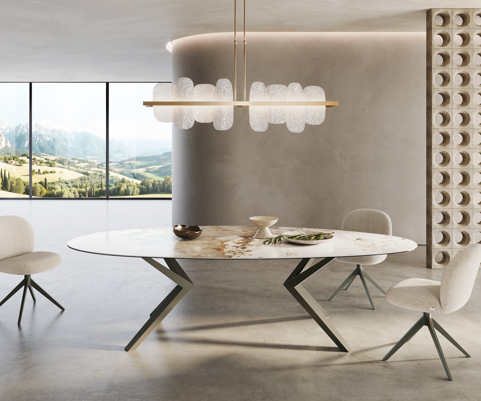 DELIFE Esstisch Edge Oval 280x130 Keramik Minas Melange Weiß-Beige Zenthara kantig Metall Effektfinish Titan