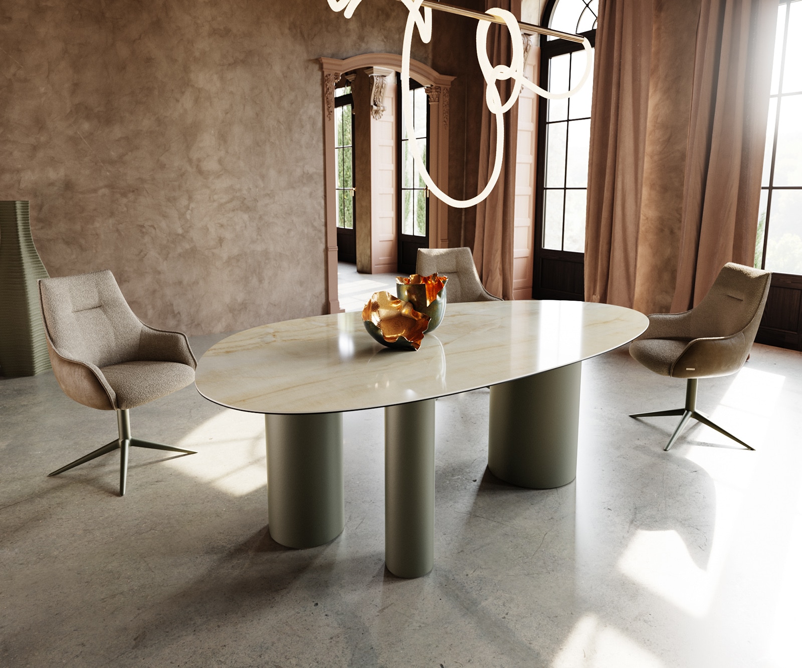 DELIFE Esstisch Edge Oval 220x120 Keramik Iris FMG Onice Oro Troa Metall Effektfinish Titan