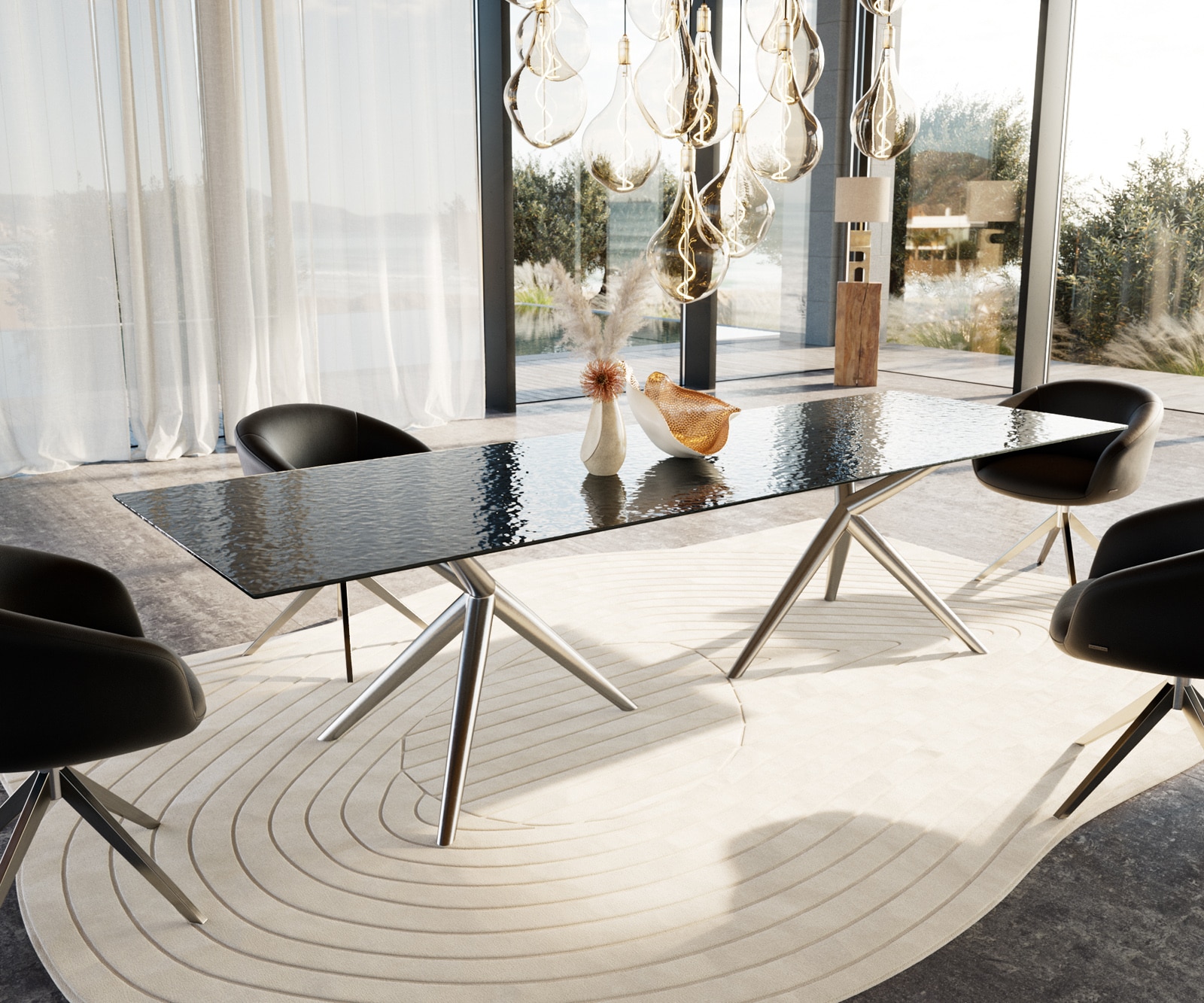 DELIFE Esstisch Edge 300x100 Reliefglas Rauchschwarz 3D-Design Estelar rund Edelstahl