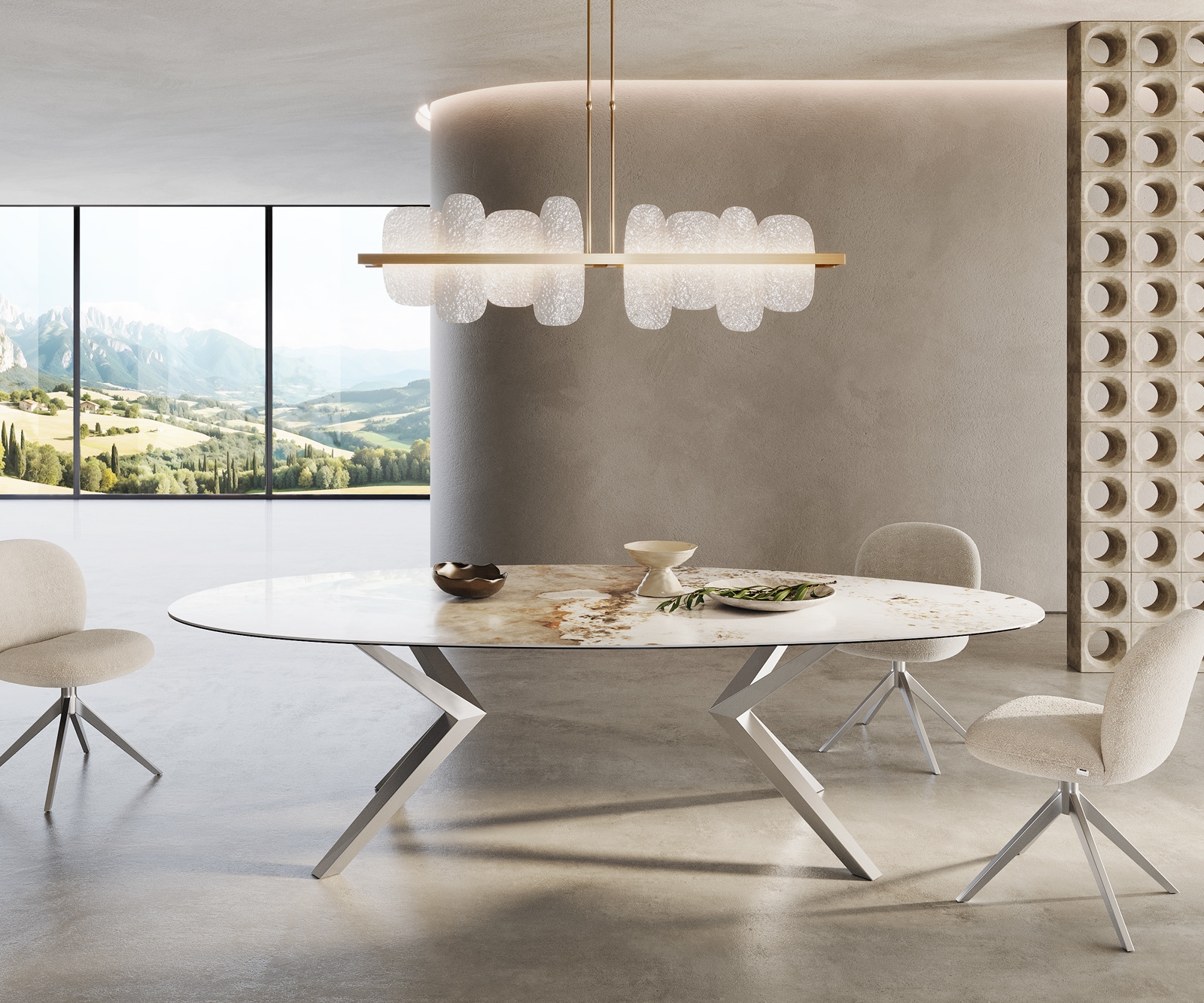 DELIFE Esstisch Edge Oval 280x130 Keramik Minas Melange Weiß-Beige Zenthara kantig Edelstahl