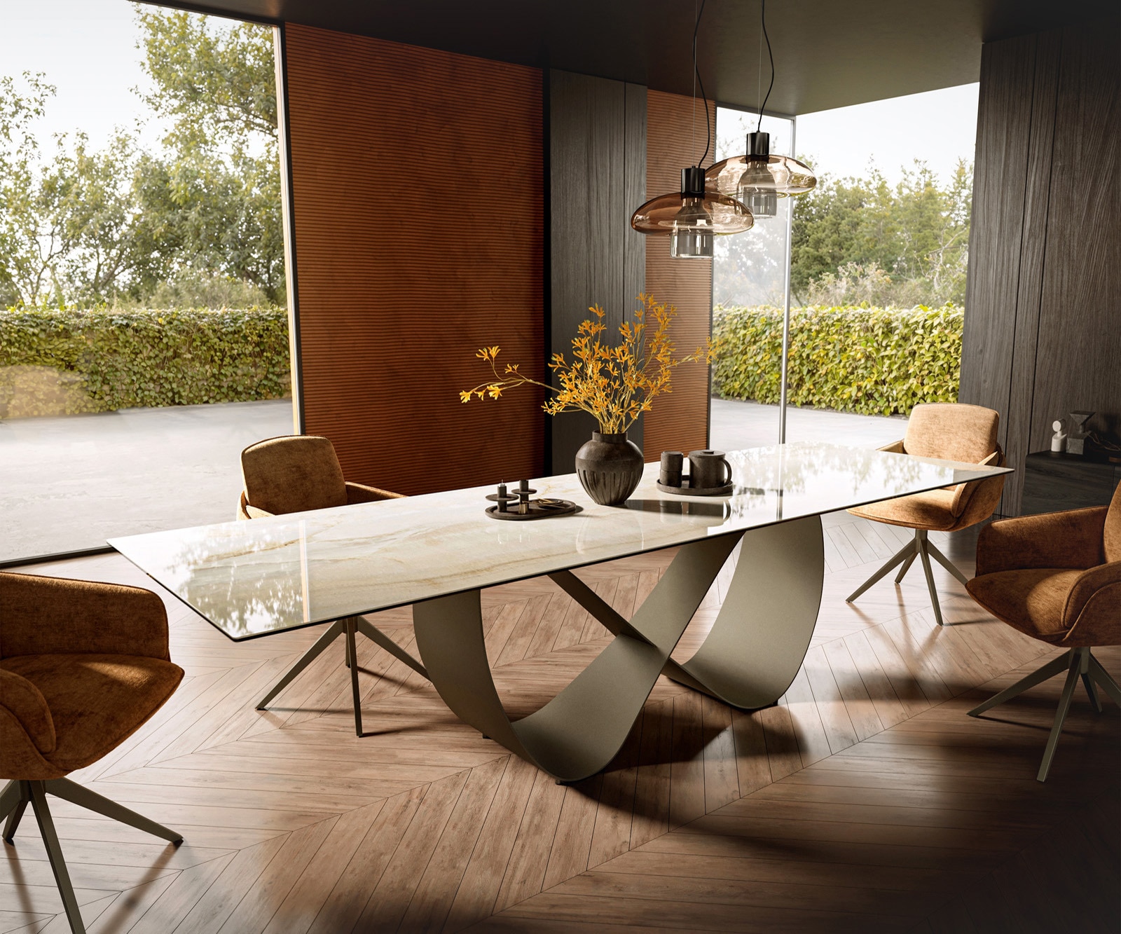 DELIFE Esstisch Edge 300x100 Keramik Laminam Onice Oro ℃Infinity Metall Effektfinish Titan