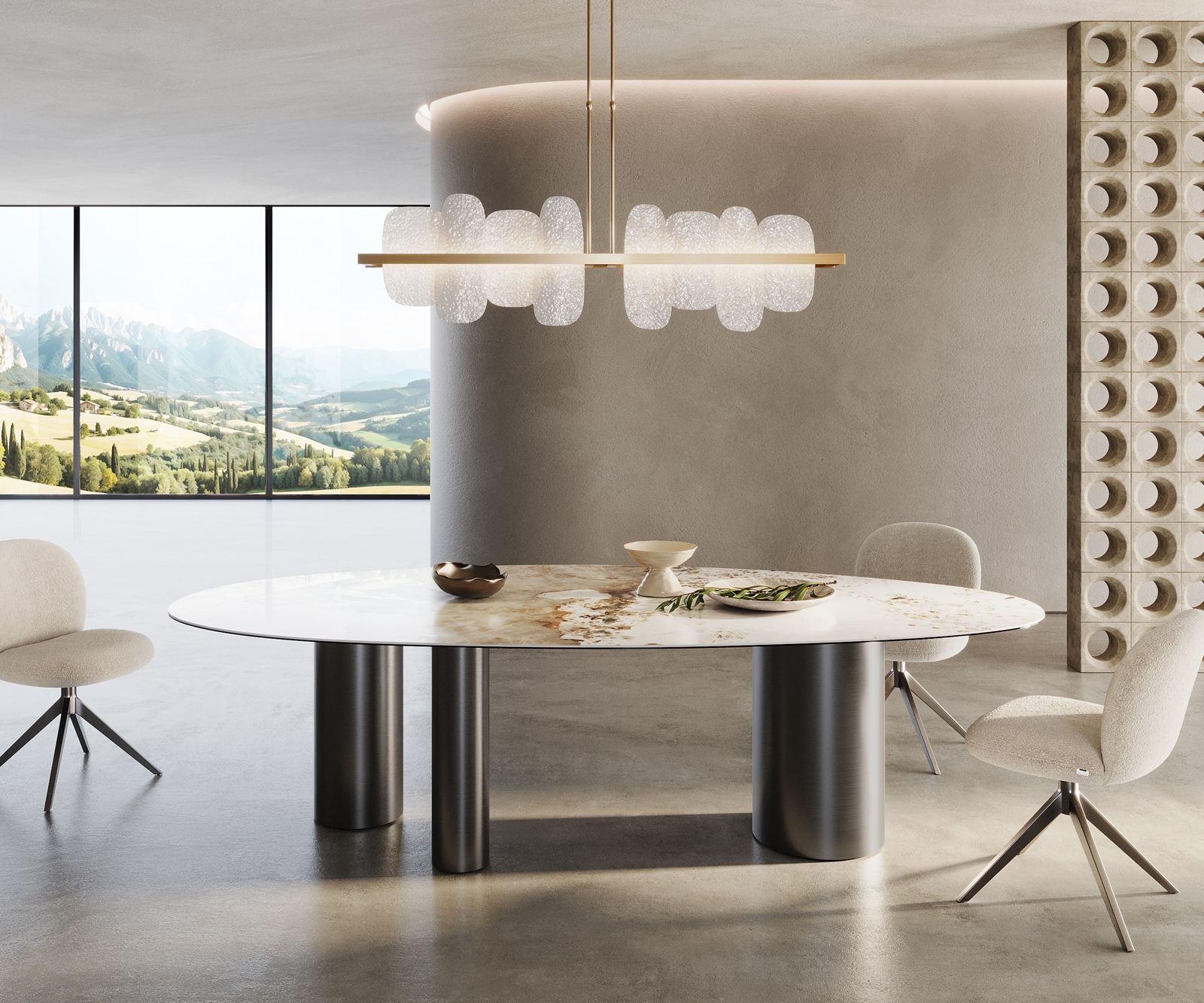 DELIFE Esstisch Edge Oval 280x130 Keramik Minas Melange Weiß-Beige Troa Edelstahl Graphit