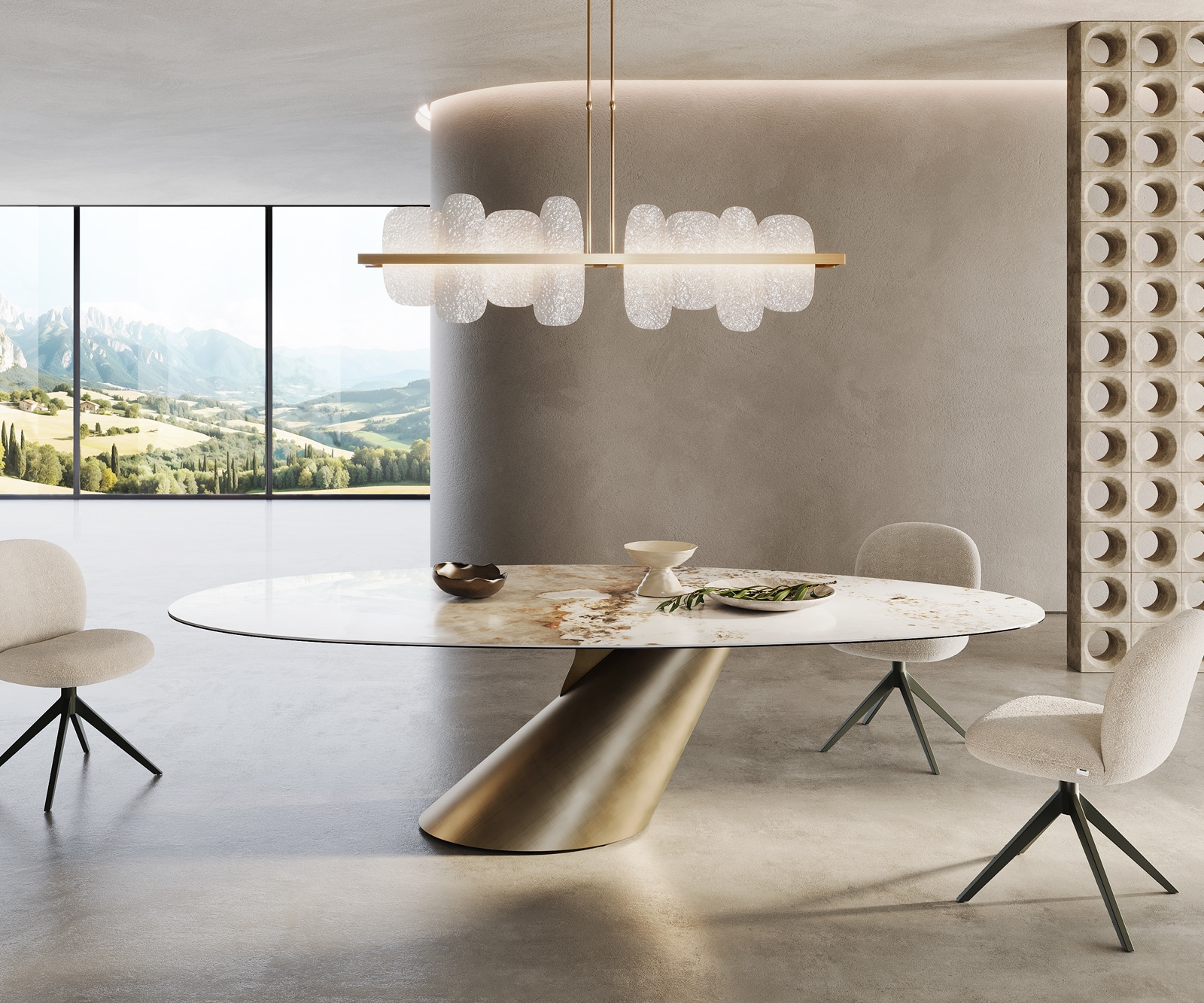 DELIFE Esstisch Edge Oval 280x130 Keramik Minas Melange Weiß-Beige Cono Metallic Gold