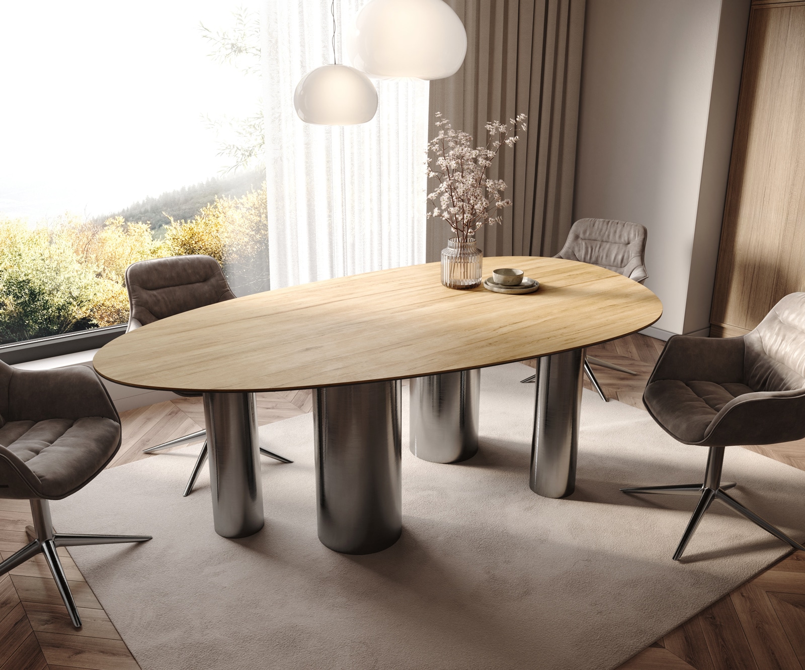 DELIFE Esstisch Edge Oval 220x120 Keramik Laminam Sabbia Eichefarbig Pilier Edelstahl Graphit