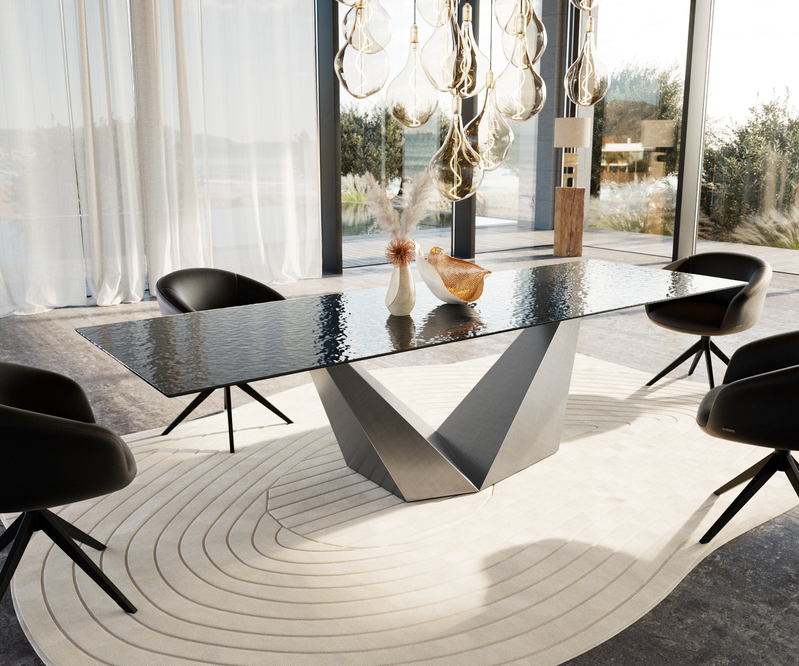 DELIFE Esstisch Edge 300x100 Reliefglas Rauchschwarz 3D-Design Prisma Metallic Silber