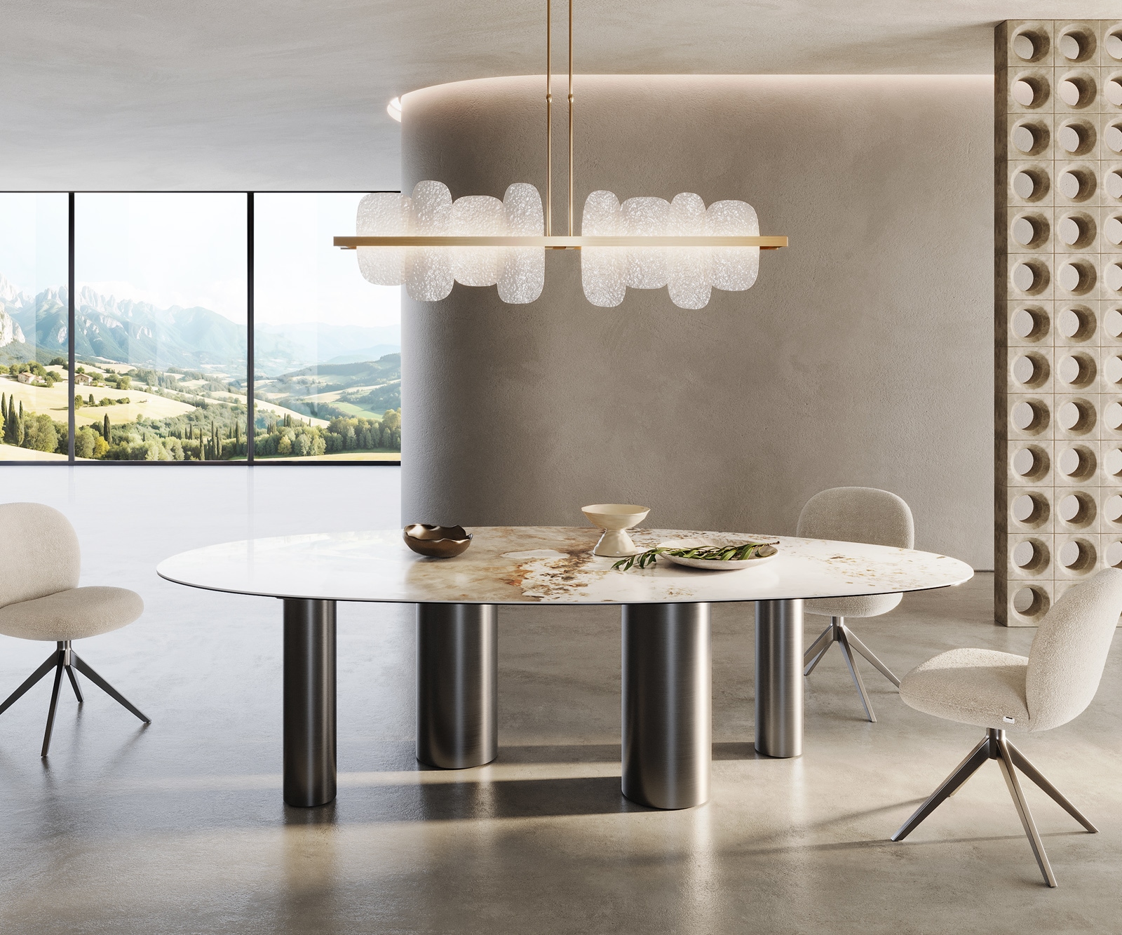 DELIFE Esstisch Edge Oval 280x130 Keramik Minas Melange Weiß-Beige Pilier Edelstahl Graphit