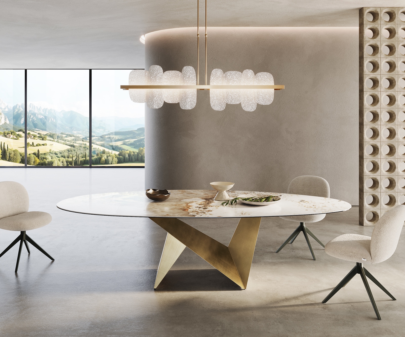 DELIFE Esstisch Edge Oval 280x130 Keramik Minas Melange Weiß-Beige Origami Metallic Gold