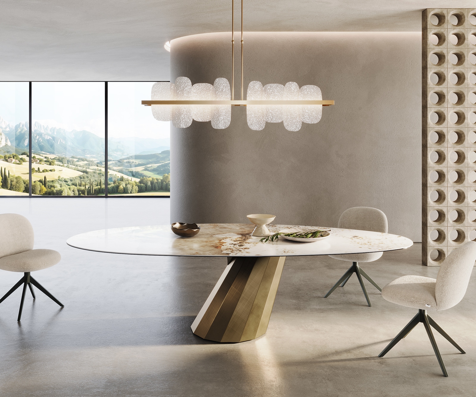DELIFE Esstisch Edge Oval 280x130 Keramik Minas Melange Weiß-Beige Parabel Metallic Gold