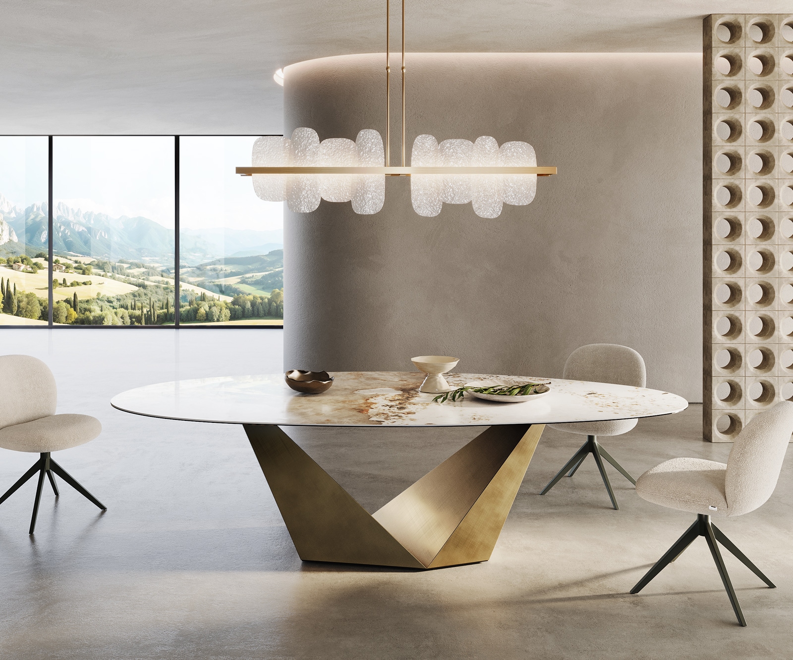 DELIFE Esstisch Edge Oval 280x130 Keramik Minas Melange Weiß-Beige Prisma Metallic Gold