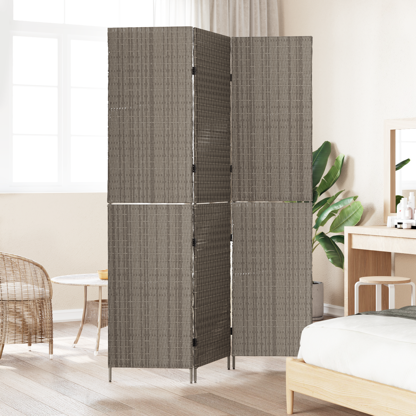 vidaXL Kamerscherm 3 panelen inklapbaar 147x180 cm poly rattan grijs