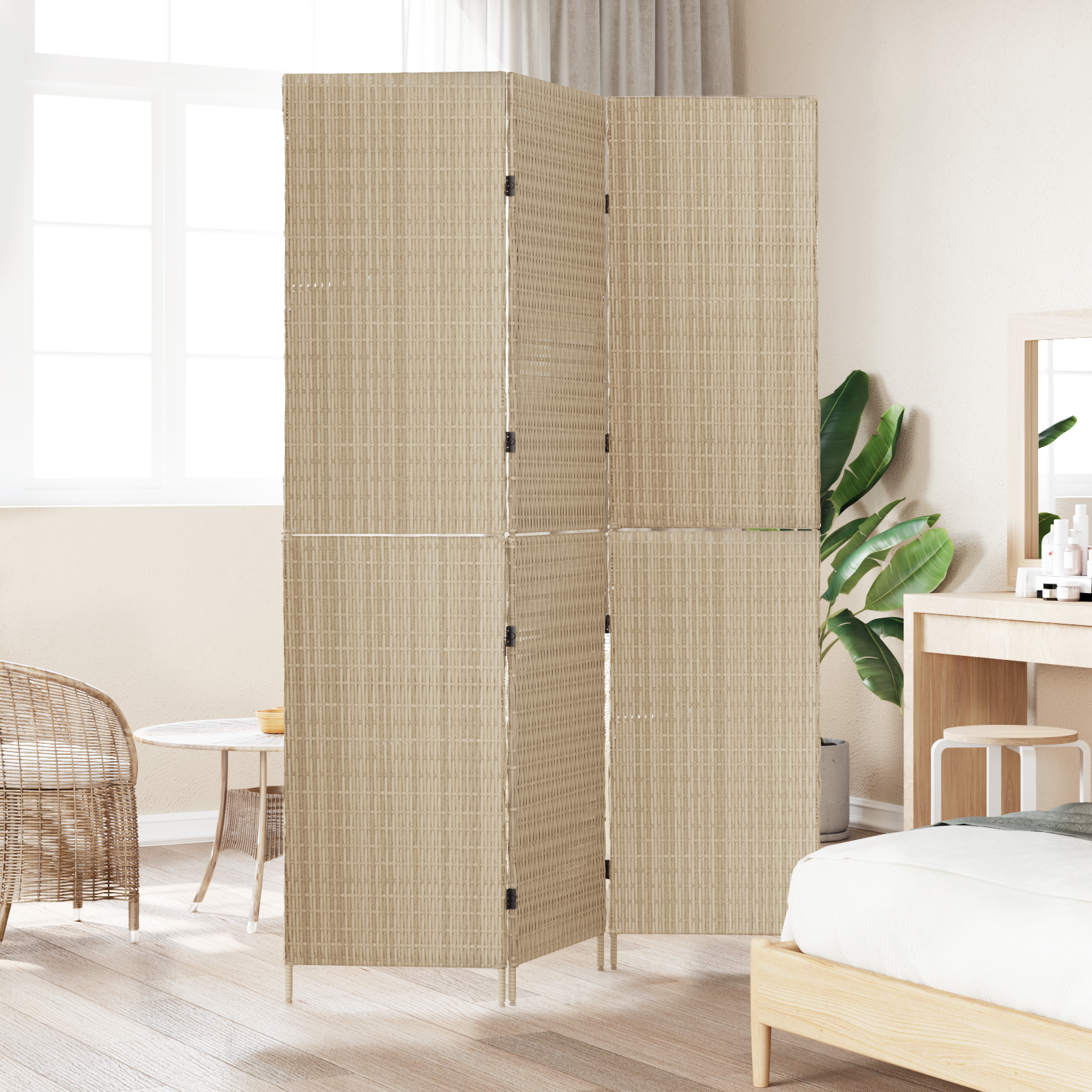 vidaXL Kamerscherm 3 panelen inklapbaar 147x180 cm poly rattan beige