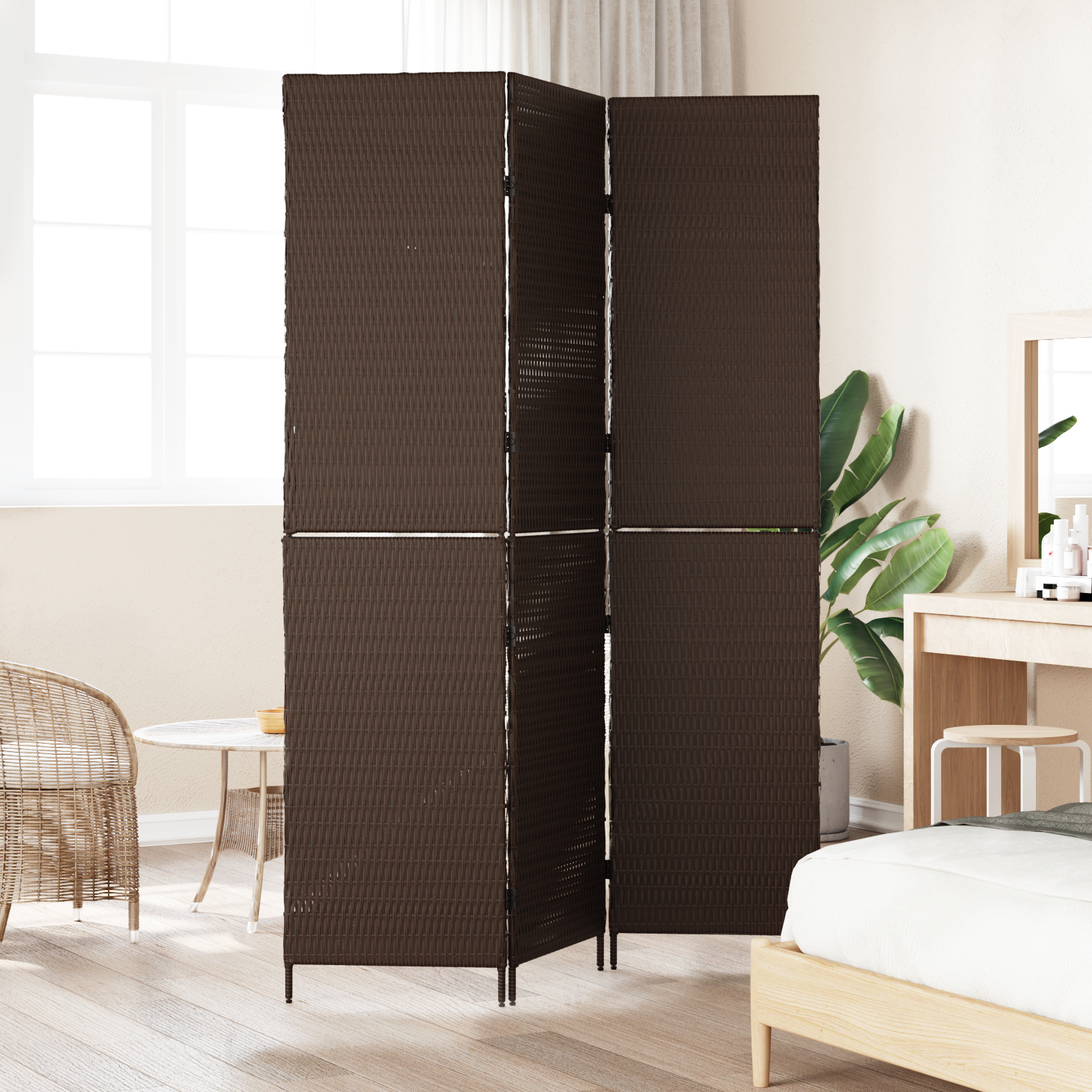 vidaXL Kamerscherm 3 panelen inklapbaar 146x180 cm poly rattan bruin