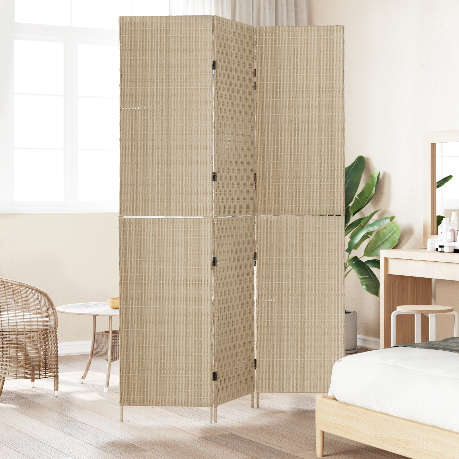 vidaXL Kamerscherm 3 panelen inklapbaar 196x200 cm poly rattan beige