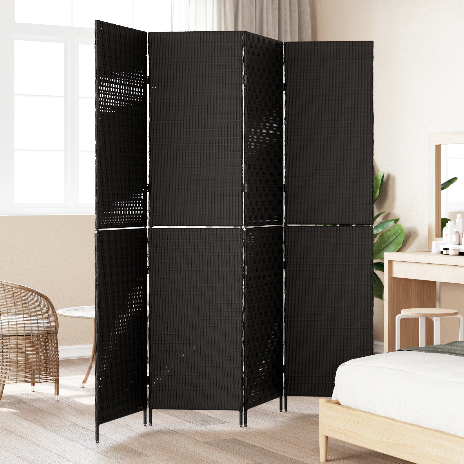 vidaXL Kamerscherm 4 panelen inklapbaar 195x180 cm poly rattan zwart
