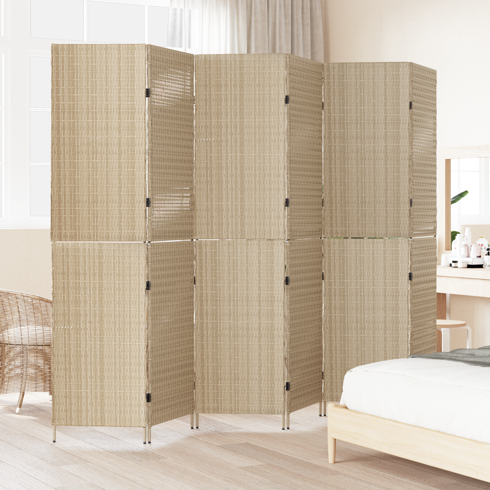 vidaXL Kamerscherm 6 panelen inklapbaar 294x180 cm poly rattan beige