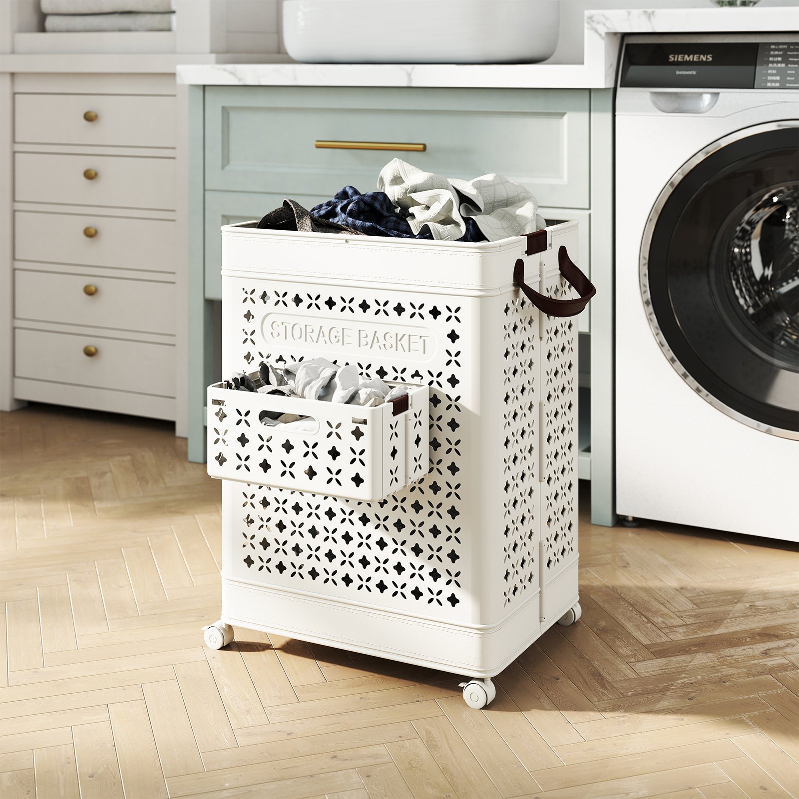 Costway 75L Wasmand op Wielen Ruimtebesparende Wasverzamelaar Opbergcontainer Wit