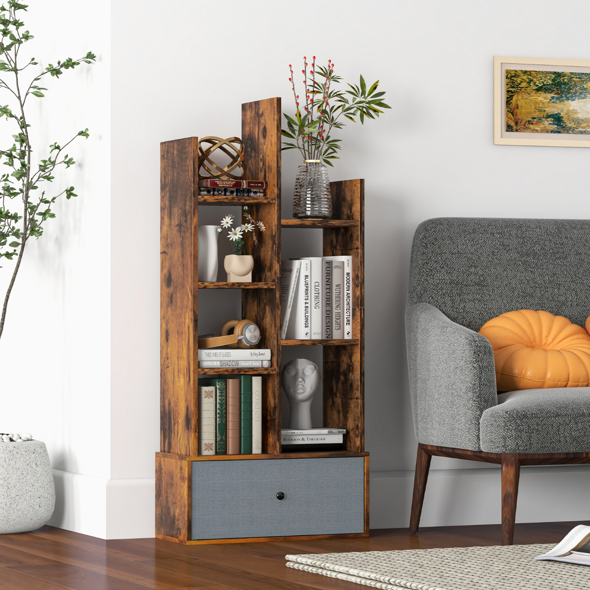 Costway 7-Vaks Open Boekenkast met Lade 118 cm Houten Boekenkast Displayplank Opbergrek Vrijstaand Opbergrek Bruin