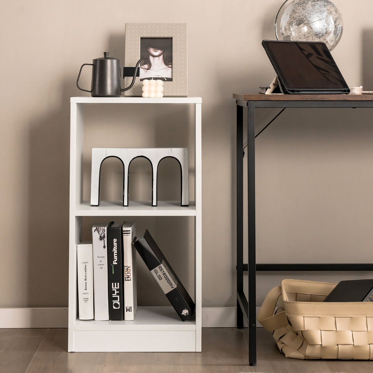 Costway 2-Delige Boekenkast Set Vinylplaat Organisator 2-Niveau Boekenkast Set met Anti-tip Apparaat voor Studie Slaapkamer Woonkamer