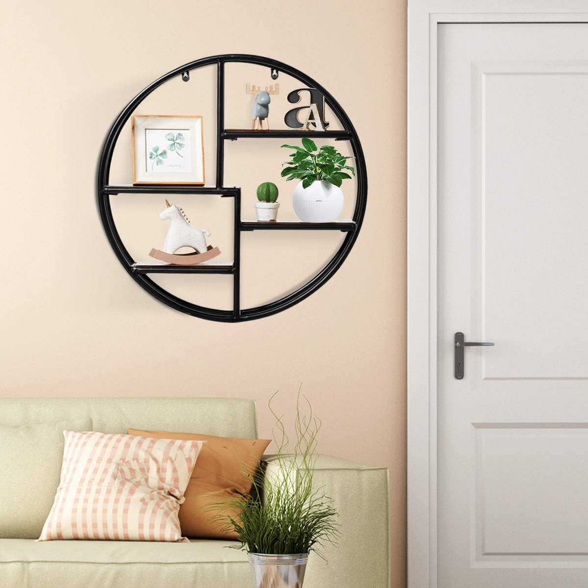 Costway Ronde Cirkelvormige Planken voor Wandmontage 4-Laags Hout en Metaal Decoratieve Zwevende Plank voor Slaapkamer Woonkamer Keuken