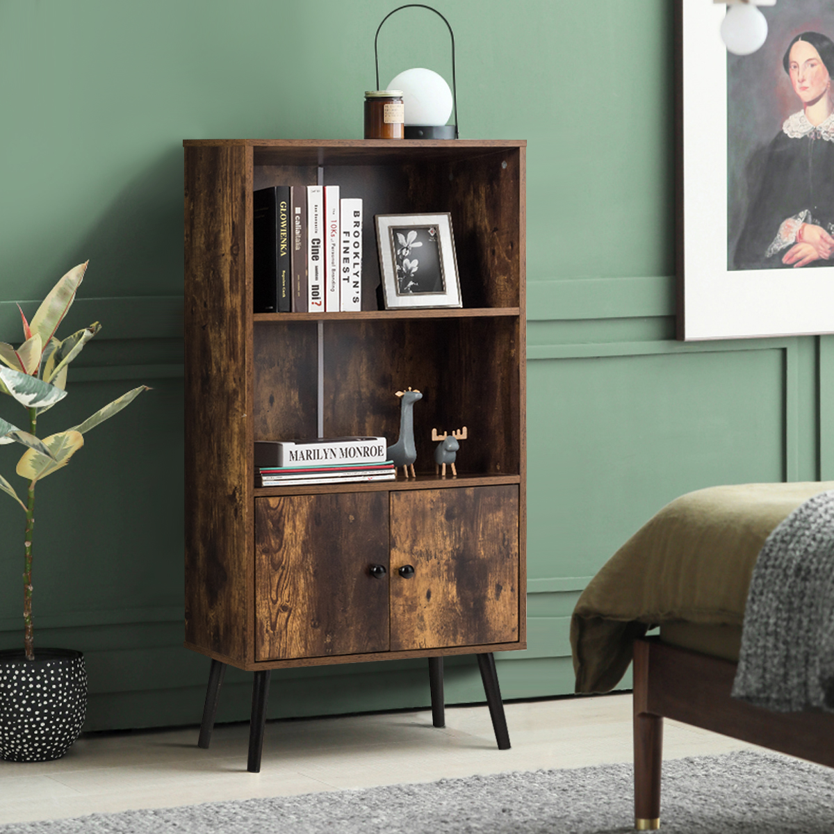 Costway 2-Laags Retro Boekenkast Boekenplank met 3 Compartiment Industriële Opbergkast met Massief Houten Poten voor Boeken Decoraties