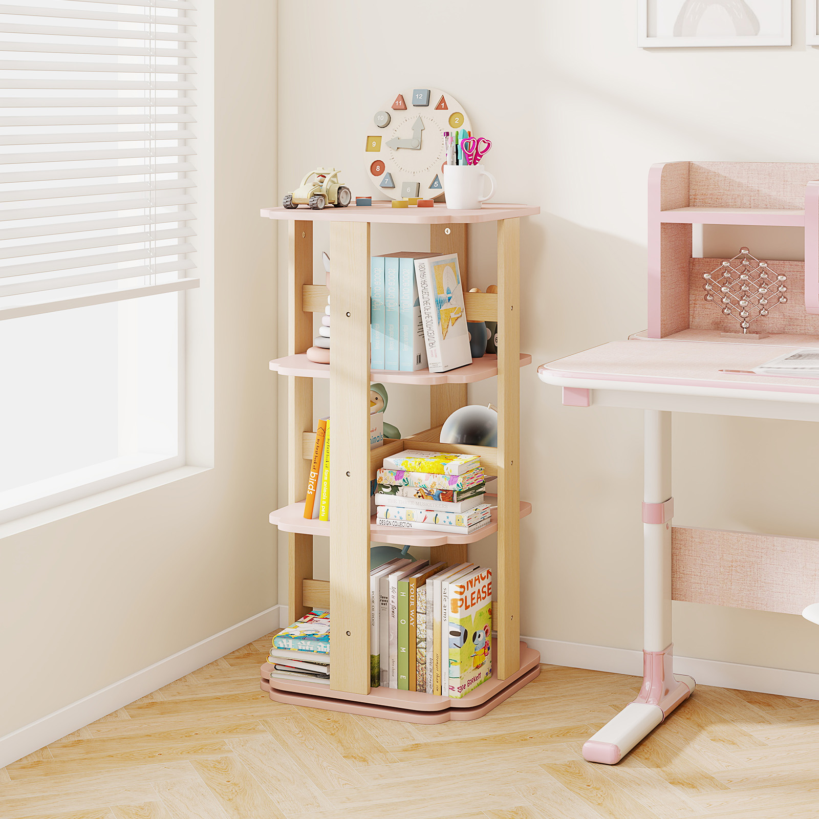Costway Kinderboekenrek 360° Draaibaar 3-vaks Speelgoedrek met 12 Vakken 48 x 48 x 95,5 cm Roze