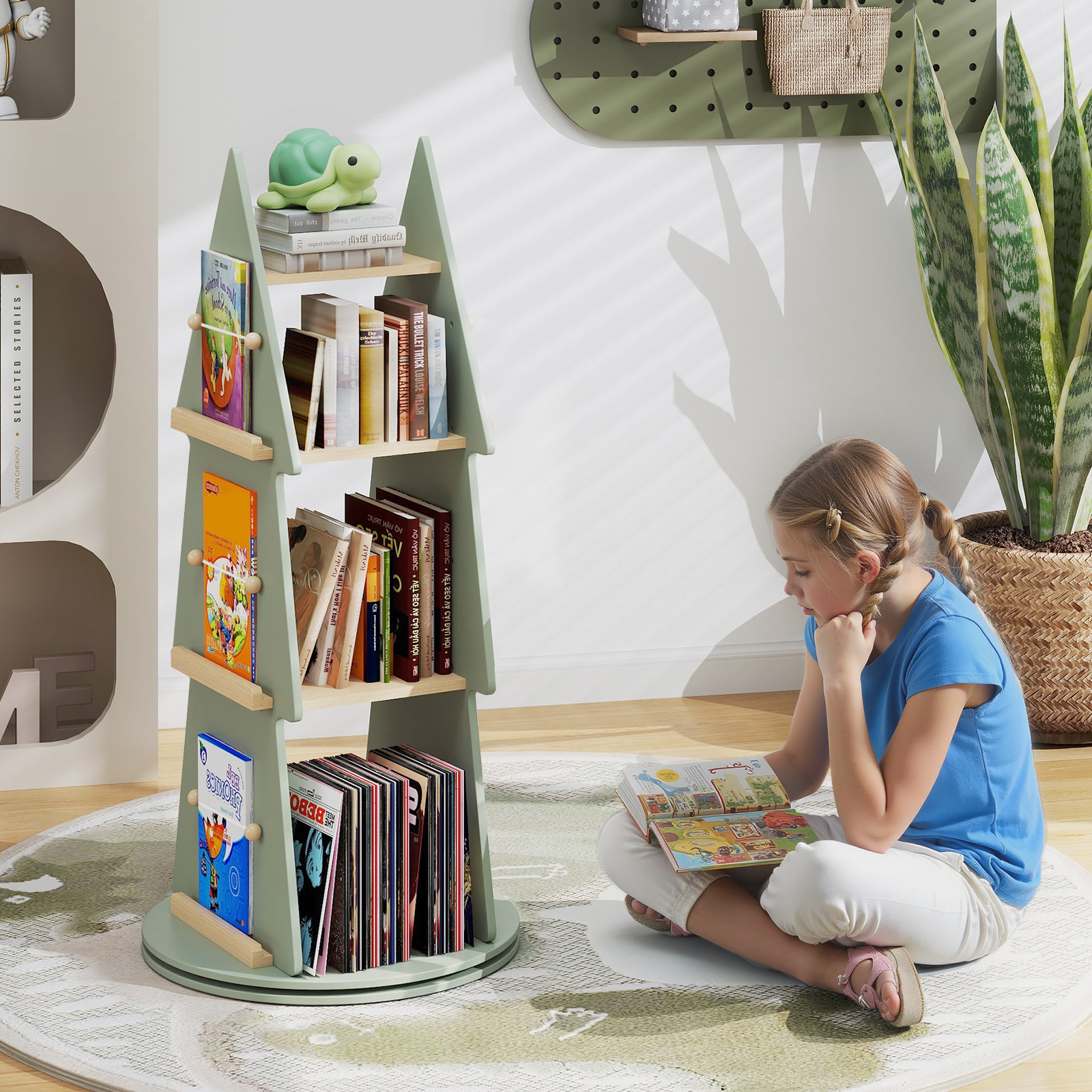 Costway Kinderboekenrek 360° Draaibaar Kinderboekencarousel 4 Niveaus in Boomvorm Ø48 x 102 cm Vrijstaand Displayrek