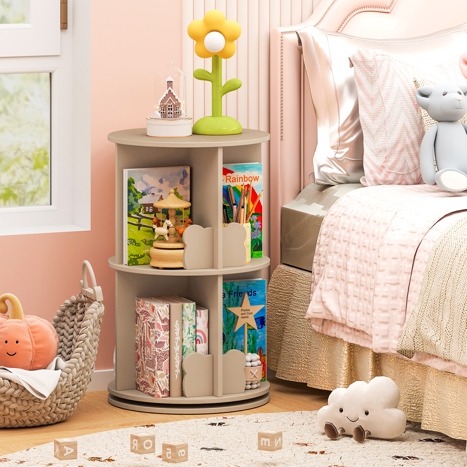 Costway Draaibare Boekenplank Kinderboekenplank met 2 Niveaus & Bunny Verdelers 360 Graden 40 x 40 x 65cm Koffie
