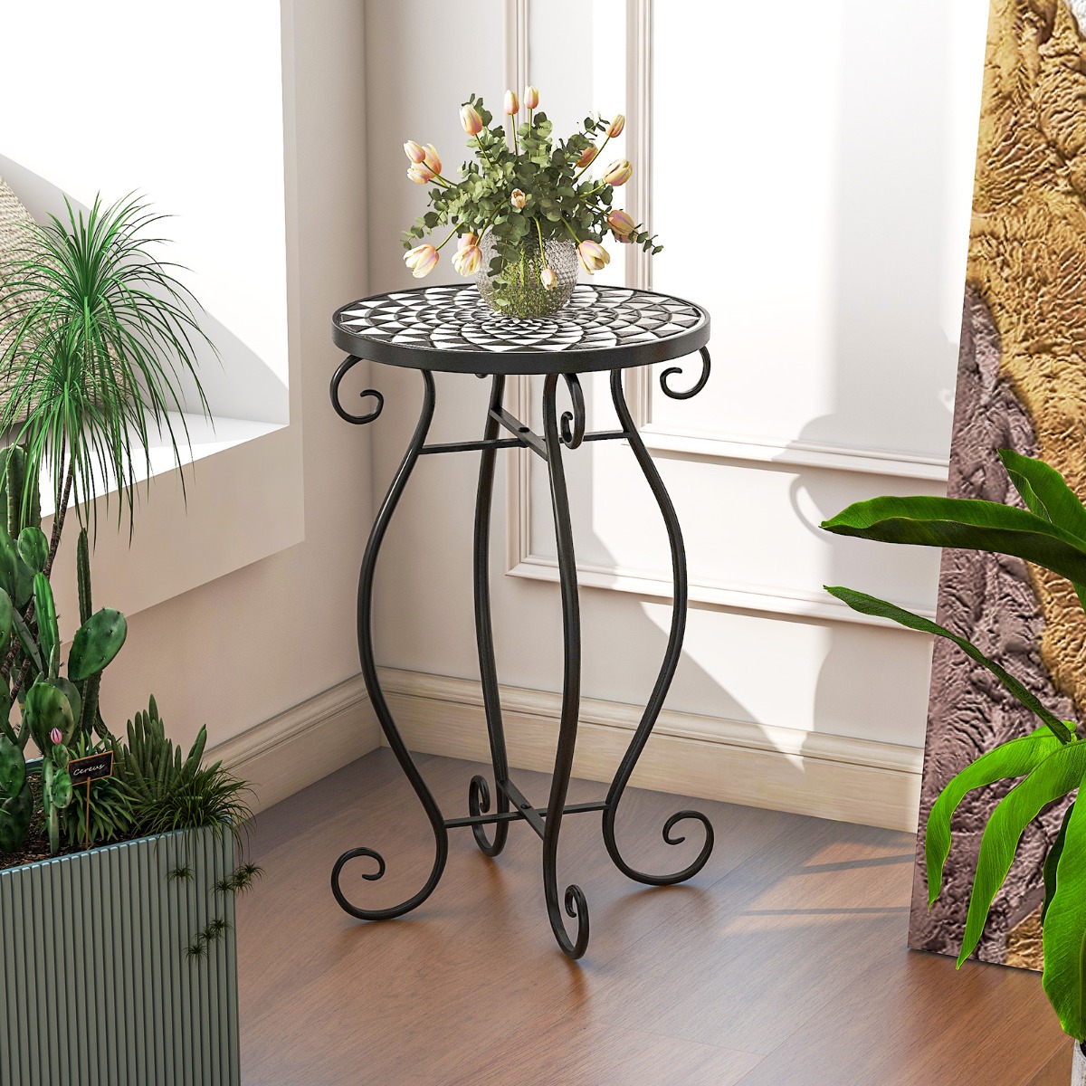 Costway Mozaïek Bijzettafel voor Binnen en Buiten Ronde Terrastafel met Weerbestendig Tafelblad Kleine Plantenstandaard Zwart + Wit